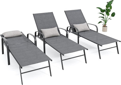 Outdoor Chaise Lounge Chair Adjustable Pool Lounge Chairs with Lumbar Pillow Outside Tanning Chairs for Beach Deck Backyard Lawn (Grey, 3 pcs)