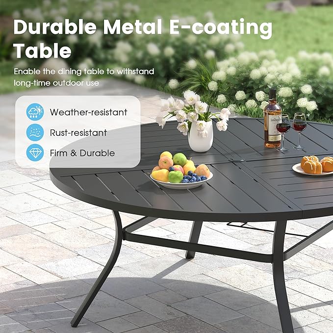Patio Dining Table for 8-10, Round Metal Outdoor Table with Storage Shelf, 1.57" Umbrella Hole, 63" Outdoor Quartered Tabletop Dining Table for Backyard, Porch, Lawn, Black