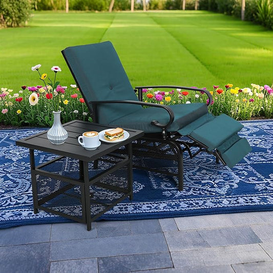 Incbruce 2 Pieces Outdoor Lounge Recliner Set, Adjustable Metal Recliner Sofa Chair and Umbrella Stand Side Square Table Suitable for Garden, Pool, Yard (Peacock Blue)