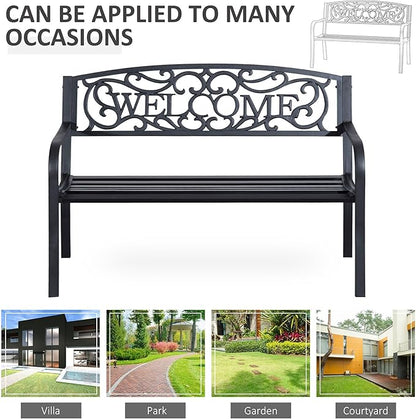 Metal Outdoor Garden Bench with Welcome Design