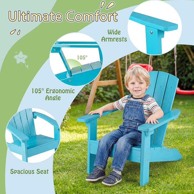 Giantex Kids Adirondack Chair, All-Weather HIPS Children's Outdoor Chair w/Ergonomic Design, Toddler Lawn Chairs for Age 3-8, Kids Beach Chair for Garden Patio Backyard (4,Turquoise)
