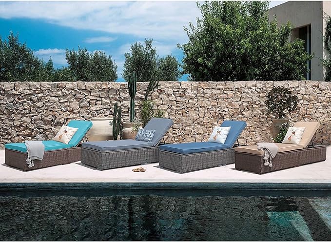Patiorama Outdoor Patio Lounge Chair, Elegant Reclining Adjustable Pool Rattan Chaise Chair with Beige Cushion, Brown PE Wicker, Steel Frame, Set of 2