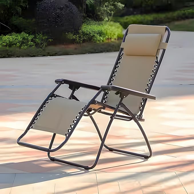 Caravan Sports Zero Gravity Outdoor Portable Folding Camping Lawn Deck Patio Pool Recliner Lounge Chair for Adults, Adjustable Headrest, Beige