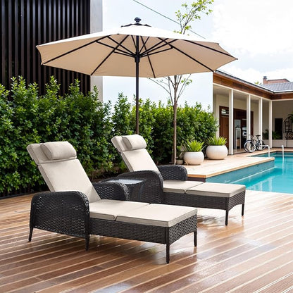 Belord 3 Piece Outdoor Chaise Lounge Patio Recliner - 75 Inch Adjustable Wicker Chaise Lounge with Soft Pillow Removable Cushions, All Weather Rattan Pool Lounge Chair Set 2 for Poolside Brown/Beige