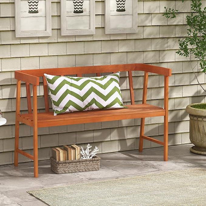 RELAX4LIFE 2-Person Wooden Outdoor Bench - Eucalyptus Wood Patio Garden Bench with Backrest, Armrests & Slatted Seat for Poolside Deck Backyard Balcony Park Front Porch, 800 LBS Weight Capacity