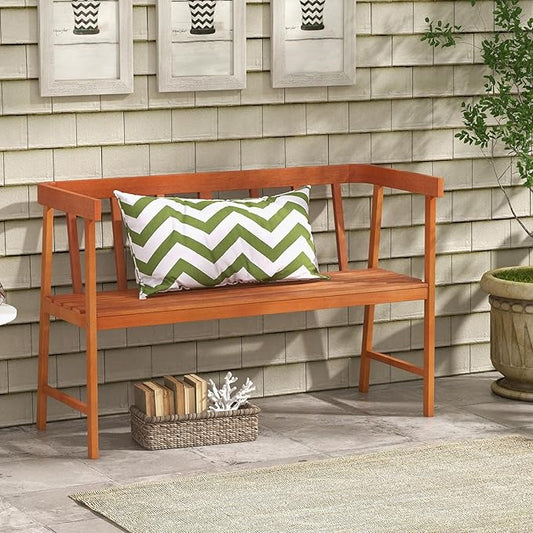 RELAX4LIFE 2-Person Wooden Outdoor Bench - Eucalyptus Wood Patio Garden Bench with Backrest, Armrests & Slatted Seat for Poolside Deck Backyard Balcony Park Front Porch, 800 LBS Weight Capacity