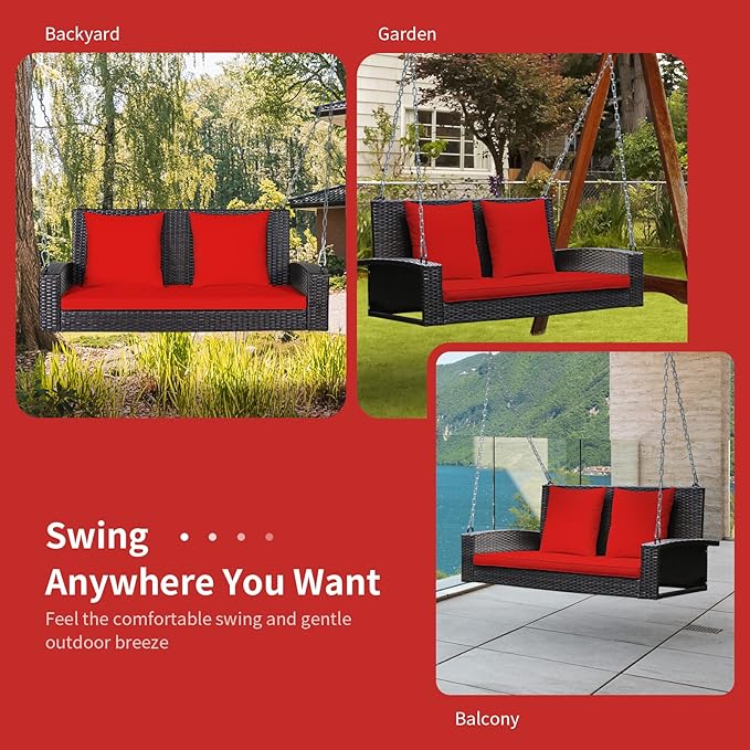 RELAX4LIFE Porch Swing 2-Seat Patio Rattan, Wicker Porch Swings Outdoor W/Two 7.9 Ft Solid Steel Chain - Photo 9