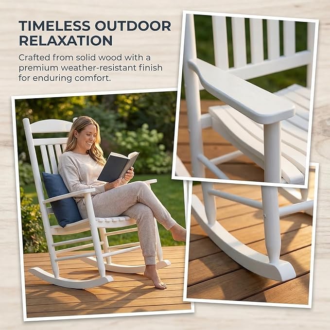 Wooden Outdoor Rocking Chair, Weatherproof Oversized Rocking Chair, Heavy Duty Comfort with 450 lbs Weight Capacity, Solid Relaxing Rocker with High Back for Patio, Porch, Living Room (white)