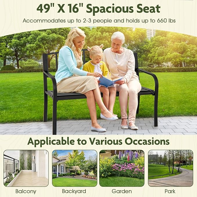 Giantex Metal Outdoor Bench, Patio Garden Bench with Backrest, Curved Armrests, Slatted Seat for 2-3 Persons, 660 LBS, Heavy-Duty Outside Seating Loveseat for Yard, Porch, Park, Black