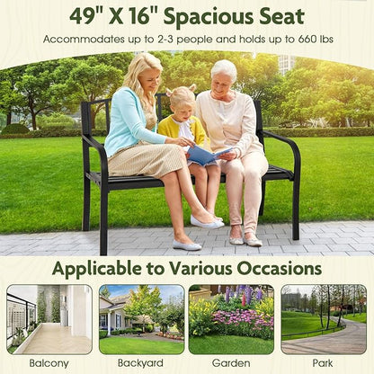 Giantex Metal Outdoor Bench, Patio Garden Bench with Backrest, Curved Armrests, Slatted Seat for 2-3 Persons, 660 LBS, Heavy-Duty Outside Seating Loveseat for Yard, Porch, Park, Black