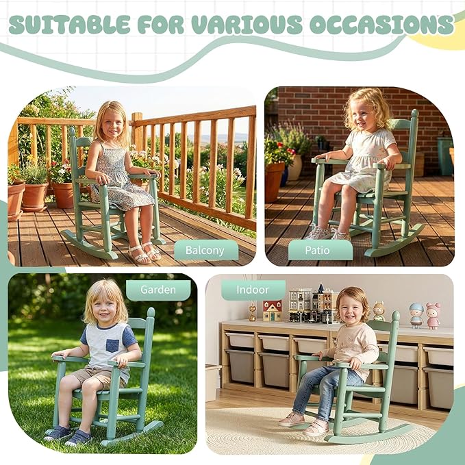 Outvita Kids Rocking Chair, Ergonomic Sturdy Toddler Rocking Chair with High Backrest & Rounded Armrests, Safe Solid Wood Baby Rocker Chair for Age 3-6, Outdoor, Living Room, Reading Room(Green)
