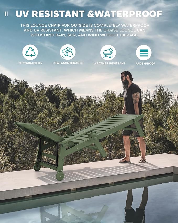SERWALL Patio Chaise Lounge Chair Set of 2, 78'' Long 5-Positions Adjustable HDPE Outdoor Lounger for Pool - Photo 5