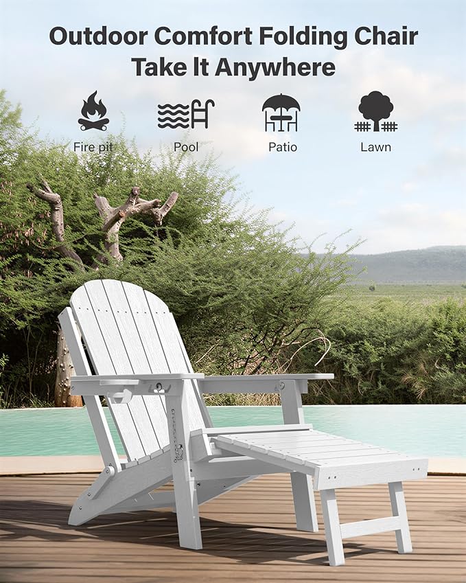 YEFU Adirondack Chair with Retractable Ottoman: Adjustable Folding Adirondack Chairs Set of 4 - Fire Pit Chairs with Cup Holder - Sturdy HDPE Plastic All Weather for Outdoor/Patio/Fire Pit/Pool(White)