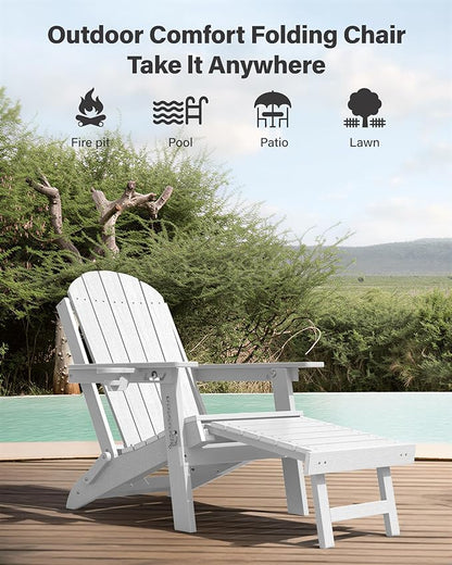 YEFU Adirondack Chair with Retractable Ottoman: Adjustable Folding Adirondack Chairs Set of 4 - Fire Pit Chairs with Cup Holder - Sturdy HDPE Plastic All Weather for Outdoor/Patio/Fire Pit/Pool(White)