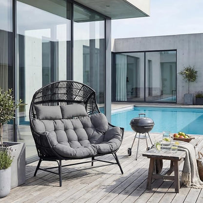 IRONCK 2 Person Egg Chair Indoor Outdoor, Double Lounge Chair, Update Frame, Cushions and Headrests, 700 lbs Egg Loveseat for Garden, Porch, Living Room, Gray