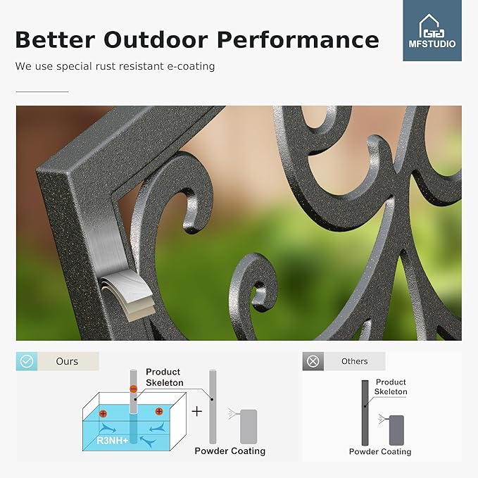 MFSTUDIO Outdoor Metal Bench Set of 2, Garden Patio 43.7 Inches Cast Iron Metal Frame Park Outside Benches with Floral Pattern Backrest for Front Porch, Black, Camelback