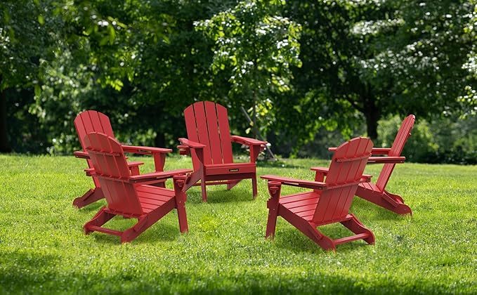 Folding Adirondack Chair, Wooden Textured Plastic Adirondack Chairs with 2 Cup Holder - Photo 8
