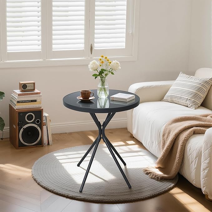 Outdoor Round Coffee Side Table, Tempered Glass Tabletop, All-Weather Bistro Table, Suitable for Terraces, Gardens - Photo 2