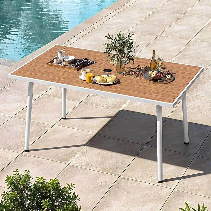 DWVO Outdoor Patio Dining Table Rectangular for 6, PE Rattan and Wood Finish Patio Table 59.1" L with Umbrella Hole - Photo 1