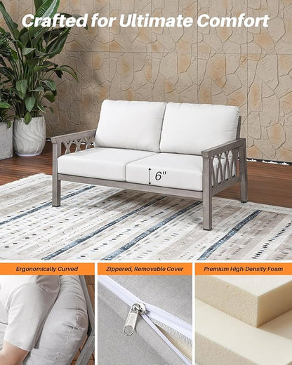 Outdoor Aluminum Loveseat Sofa, 2-Seat Patio Sofa with Thick Cushions, Outdoor Club Sofa Couch, Weather-Resistant Patio Loveseat Furniture for Porch, Garden, Balcony, Limed Oak