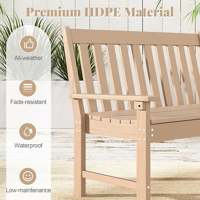RELAX4LIFE 2-Person Patio Outdoor Bench - 52’’ All-Weather HDPE Garden Bench with Armrests & Slatted Backrest, Patio Bench for Front Porch Park Poolside Backyard, 705 LBS Weight Capacity (Teak)