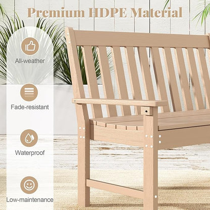 RELAX4LIFE 2-Person Patio Outdoor Bench - 52’’ All-Weather HDPE Garden Bench with Armrests & Slatted Backrest, Patio Bench for Front Porch Park Poolside Backyard, 705 LBS Weight Capacity (Teak)