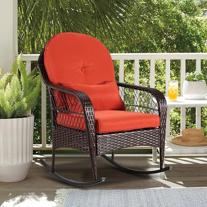 LVUYOYO Outdoor Wicker Rocking Chair, Patio Rattan Rocker Chair with Cushions, Rocking Wicker Furniture for Deck, Porch, Garden, Backyard (Orange Red)