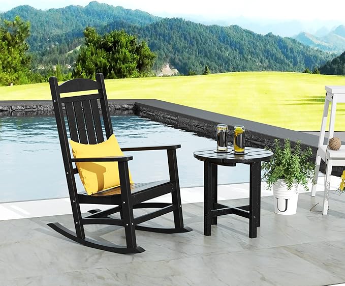 WestinTrends Malibu Malibu Outdoor Patio Porch Rocking Chair with Side Table Set, Black