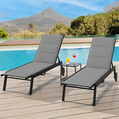 YITAHOME Outdoor Chaise Lounge Chairs Set of 3, Pool Loungers with Side Table, 5-Position Adjustable Backrest,Padded Fabric, and Wheels for Pool Beach Patio Lawn Porch - Grey