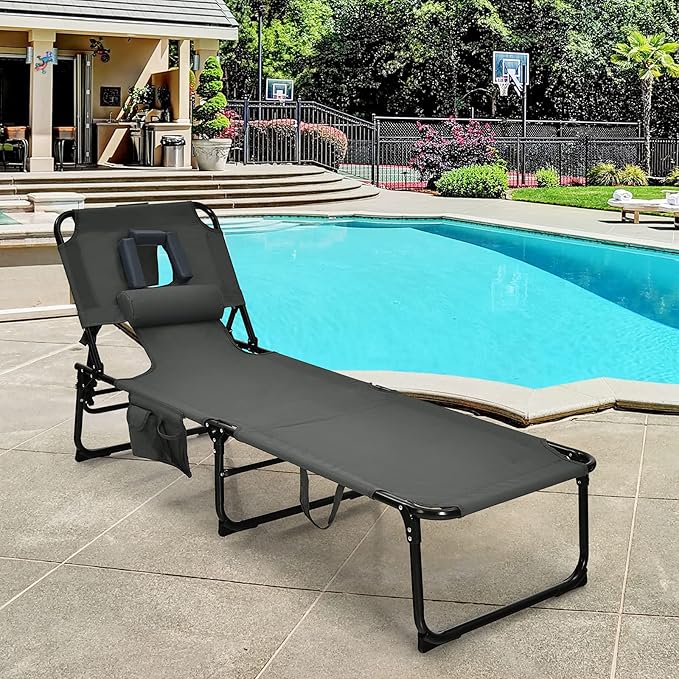 GYMAX Tanning Chair, Folding Beach Lounger with Face Arm Hole, Adjustable Backrest, Side Pocket, Pillow & Carry Handle, Outside Sunbathing Lounge Chair for Patio, Poolside, Lawn (2, Gray)