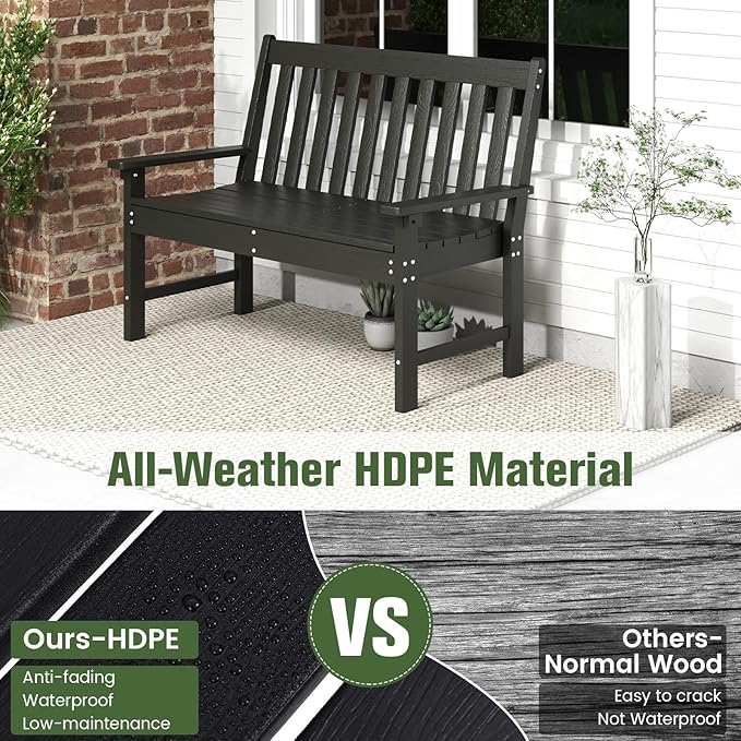 Tangkula HDPE Outdoor Garden Bench with Backrest, 2-Person All-Weather Patio Loveseat Chair with Slatted Seat, 705 lbs Weight Capacity, Patio Benches for Balcony, Garden, Porch, Backyard & Park, Black