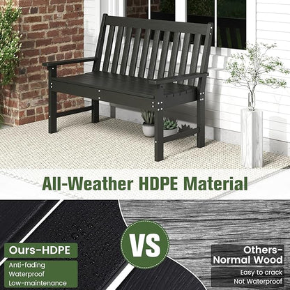 Tangkula HDPE Outdoor Garden Bench with Backrest, 2-Person All-Weather Patio Loveseat Chair with Slatted Seat, 705 lbs Weight Capacity, Patio Benches for Balcony, Garden, Porch, Backyard & Park, Black