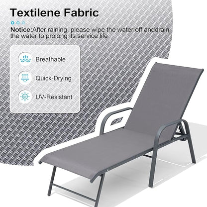 Crestlive Products Chaise Lounge Chair Outdoor with Armrests, Pool Lounge Chairs Set of 2, Aluminum Adjustable 5 Positions Sun Tanning Lounger for Patio, Poolside, Yard, Deck, Backyard (Grey)