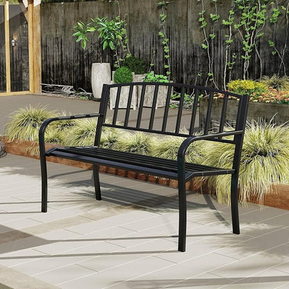 Giantex Metal Outdoor Bench, Patio Garden Bench with Backrest, Curved Armrests, Slatted Seat for 2-3 Persons, 660 LBS, Heavy-Duty Outside Seating Loveseat for Yard, Porch, Park, Black