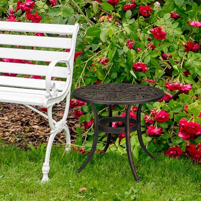 Patio Cast Aluminum Side Table with Umbrella Hole, Outdoor End Table Small Round Coffee Table for Backyard, Garden, Porch, Balcony, Pool Side, Indoor, Weather Resistant, Bronze