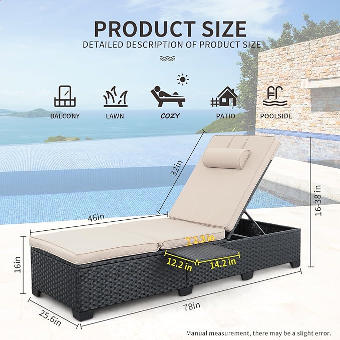 WAROOM Outdoor Chaise Lounge Chairs for Outside Patio Furniture Set of 2 Wicker Recliner Black Rattan Sunbathing - Photo 2