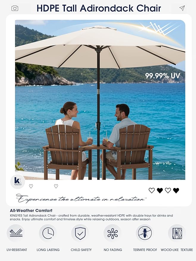 KINGYES Tall Adirondack Chair Set of 2 with 9FT Umbrella, All-Weather HDPE Outdoor Adirondack Barstools with Removable Double Connecting Trays, High Airondack Chair with Wood Grain, Brown