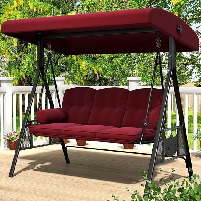 AECOJOY Outdoor Porch Swing, 3-Seat Porch Swing with Adjustable Canopy - Photo 1