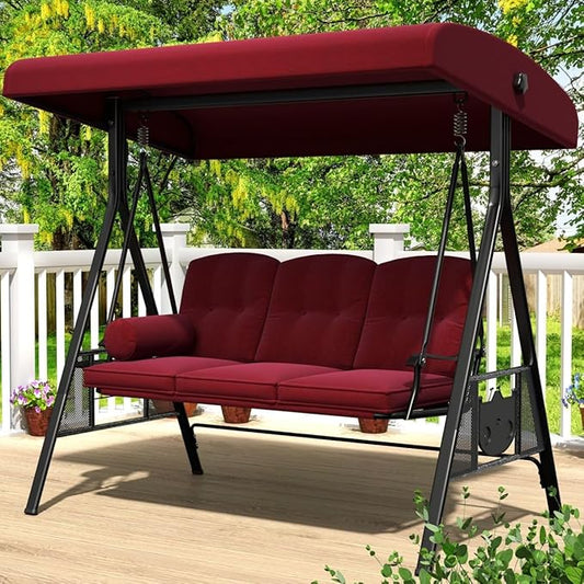 AECOJOY Outdoor Porch Swing, 3-Seat Porch Swing with Adjustable Canopy, Outdoor Swings for Adult with Burgundy Removable Cushions for Backyard, Garden, Yard, Poolside, Balcony