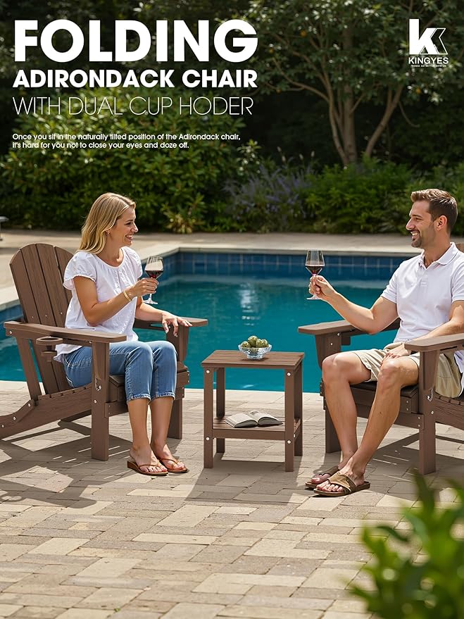 KINGYES Folding Adirondack Chair with Dual Cup Holders - HDPE All-Weather Outdoor Chairs, Wood-Like Patio Chair for Backyard, Camping, Pool & Fire Pit, Brown