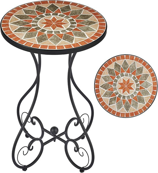 VONLUCE Outdoor Side Table and Mosaic Plant Stand, 21" Round End Table with 14" Ceramic Tile Top for Patio Porch Decor, Indoor and Outdoor Accent Table, Small Coffee Table for Home Garden, Quilt Star