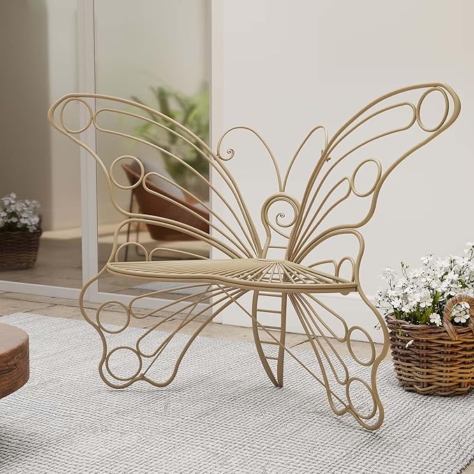 Brown Cute Butterfly Benches for Outdoors, Pretty Garden Bench & 50" Metal Outside Bench, Front Porch Benches Outdoor with Sturdy Frame for Lawn Yard Balcony (Brown)