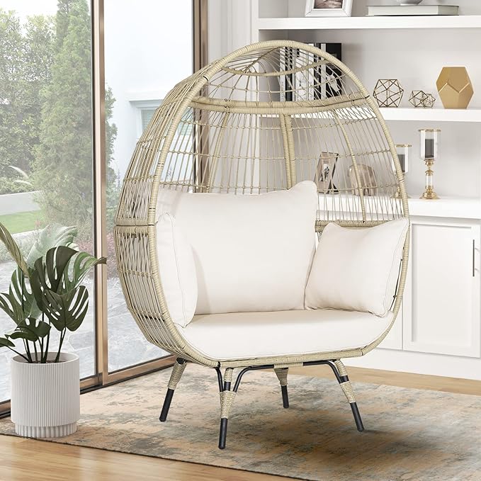 Giantex Oversized Wicker Egg Chair, Outdoor & Indoor Hammock Chair with Thick Cushions, 2-Person PE Rattan Lounge Chair Swing Chair for Patio, Backyard,Porch, 450 LBS Weight Capacity (Light Brown)