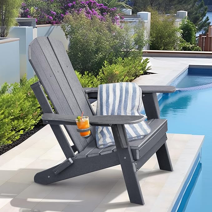 ATR ART TO REAL Folding Adirondack Chairs, HDPE Weather Resistant Outdoor Firepit Chairs with Cup Holder, Patio Folding Chairs for Garden, Lawn, Backyard, Deck, Fire Pit(Grey)