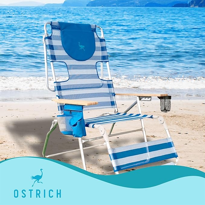 Ostrich Altitude 3N1 Lightweight Lawn Beach Reclining Lounge Chair w/Footrest, Outdoor Furniture for Patio, Balcony, Backyard, or Porch, Blue Stripe