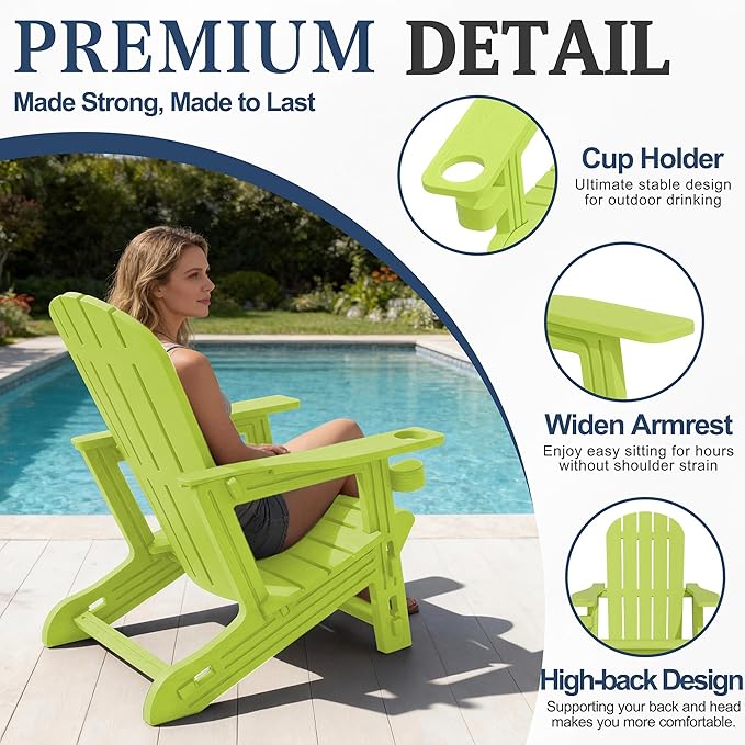 Vongrasig Adirondack Chairs Set of 2 with Removable Tabletop, All-Weather HDPE Outdoor Chair Set with Wooden Textured, Cup Holder for Patio, Poolside, Deck, Garden, Green