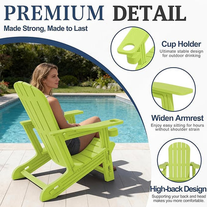 Vongrasig Adirondack Chairs Set of 2 with Removable Tabletop, All-Weather HDPE Outdoor Chair Set with Wooden Textured, Cup Holder for Patio, Poolside, Deck, Garden, Green