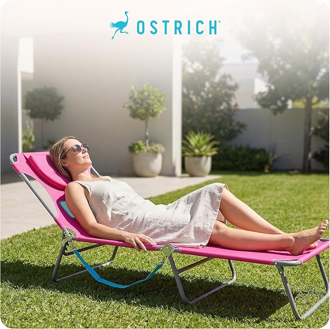 Ostrich the Ladies Comfort Lounger with Chest Support, Foldable and Portable Reclining Outdoor Patio Beach Lawn Camping Pool Tanning Chair, Pink