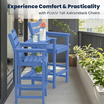 PLUUV Tall Adirondack Chairs Set of 2, All Weather HDPE Poly Bar Height Balcony Adirondack Chair with Removable Double Connecting Trays, Outdoor Adirondack Barstools for Deck, Patio, Yard, Pool, Lawn