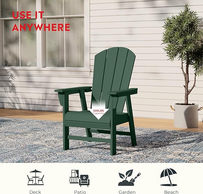 Costaelm Outdoor Fire Pit Chair, Patio hdpe Balcony Pool Adirondack Chair, Modern Front Porch Backyard Chair, Garden Resin Lounge Chair for Outside, Dark Green